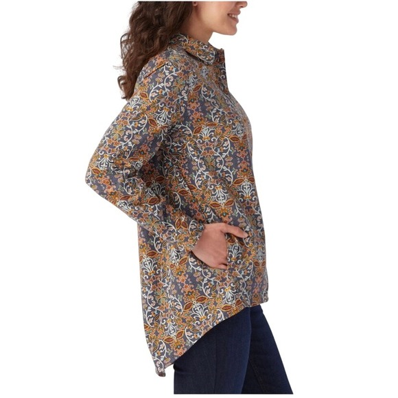 DULUTH TRADING COMPANY Floral Cotton Poplin Modern Tunic Top BlouseSize L Artsy - Picture 2 of 10